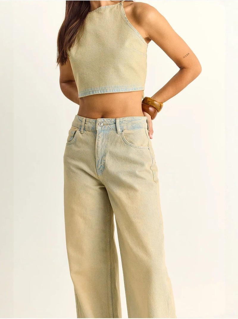 Conjunto de top halter em ganga de cintura subida e calças de perna larga lucci Bege-argila - Kiabi