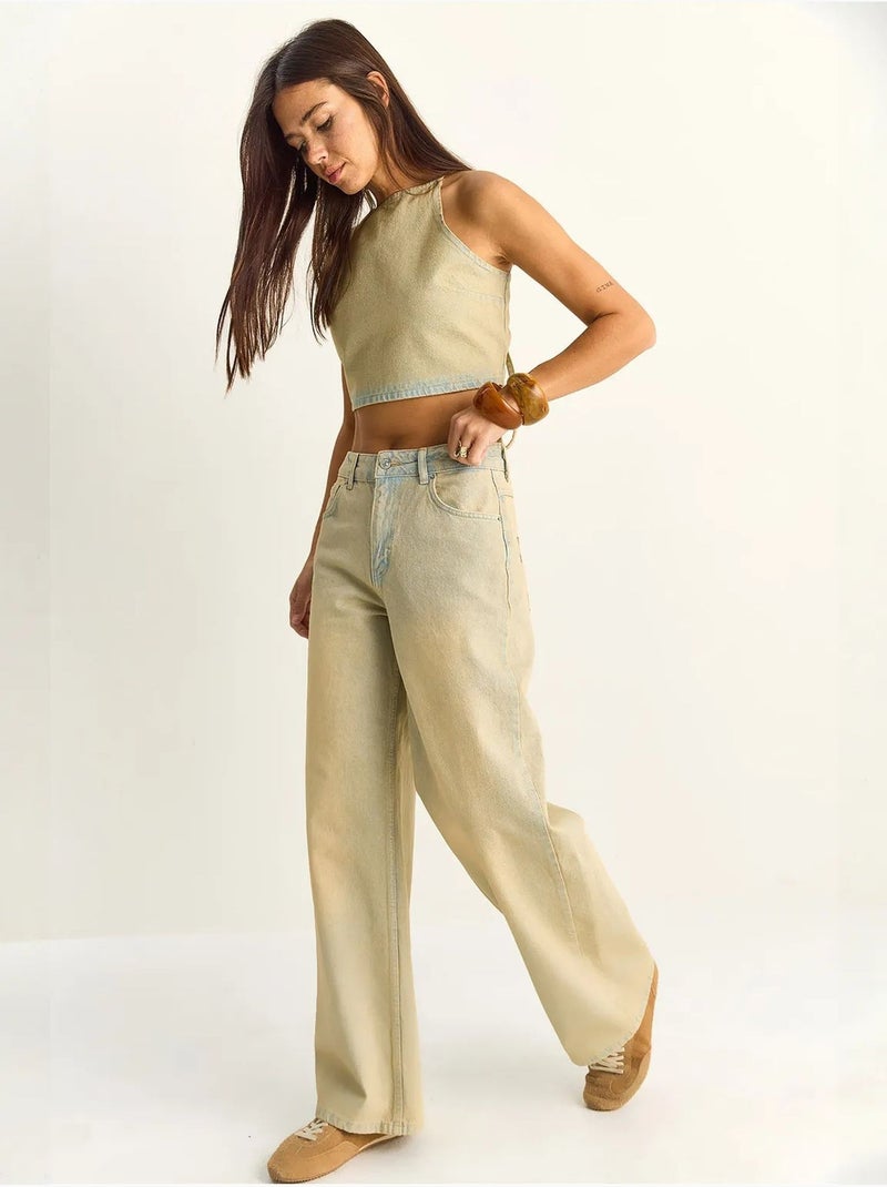 Conjunto de top halter em ganga de cintura subida e calças de perna larga lucci Bege-argila - Kiabi
