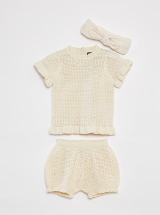 Conjunto de tricô t-shirt + calções + bandolete - 3 peças