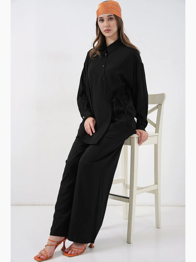 Conjunto de túnica e calças com colarinho de camisa e detalhe de laço bdart Preto - Kiabi
