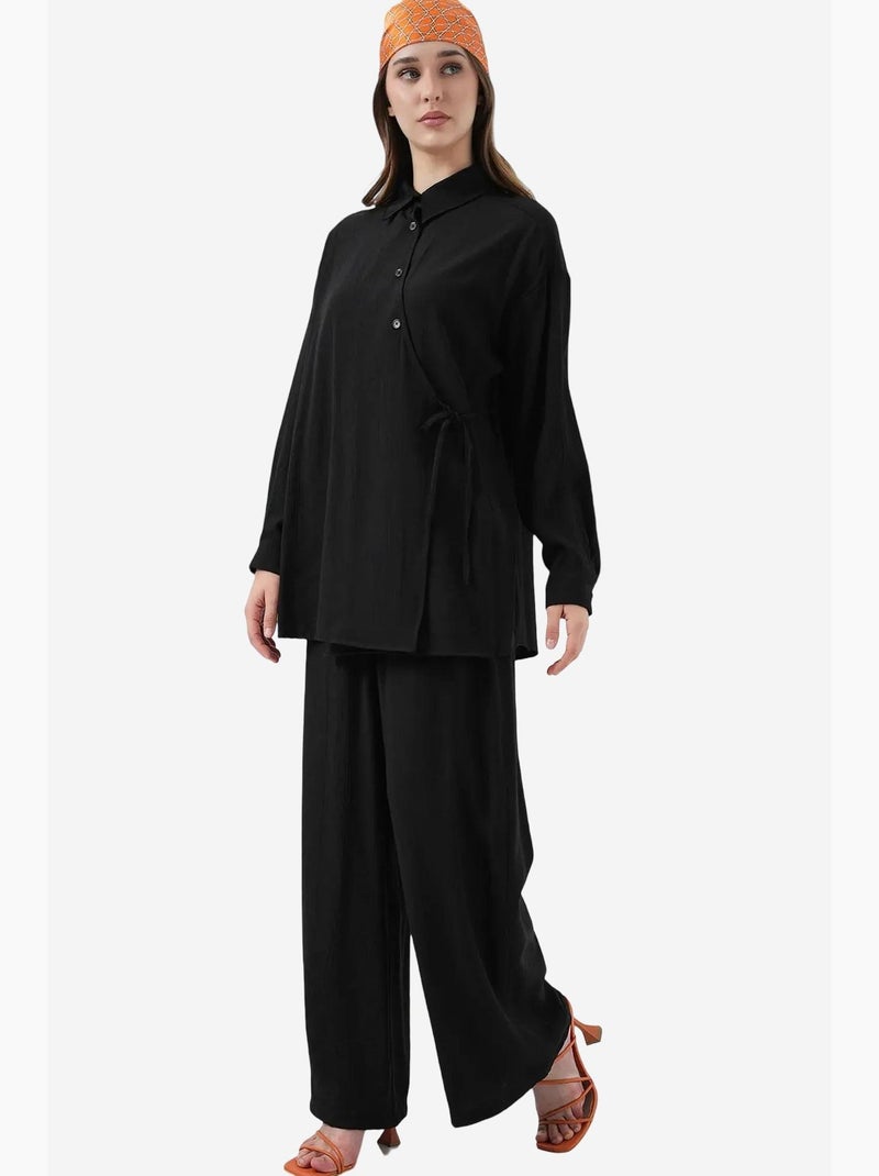 Conjunto de túnica e calças com colarinho de camisa e detalhe de laço bdart Preto - Kiabi