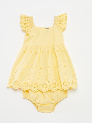 Conjunto de vestido sem mangas com bordado inglês + cuecas a condizer 2 peças
