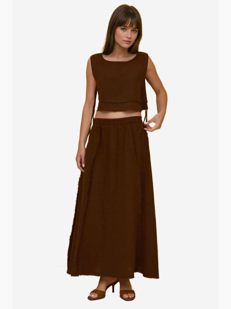 Conjunto em musselina com saia de cintura elástica e blusa com detalhe de atar na lateral hiccup Castanho-escuro - Kiabi