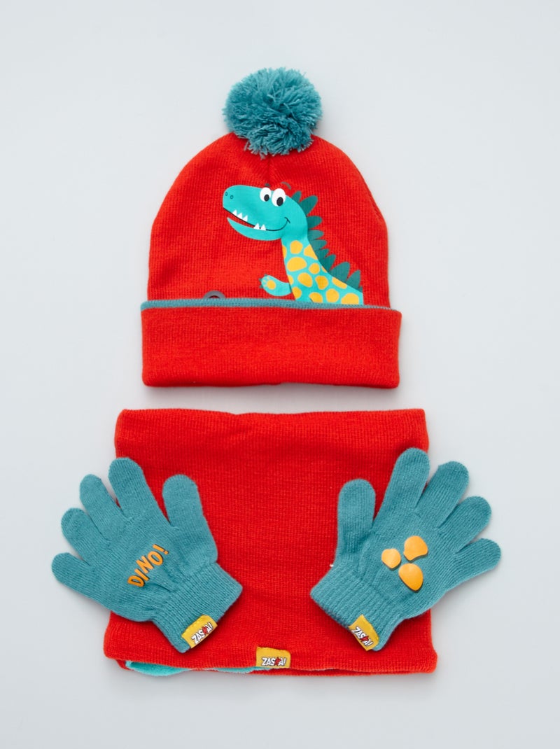 Conjunto gorro + gola + luvas 'dinossauro' Vermelho - Kiabi