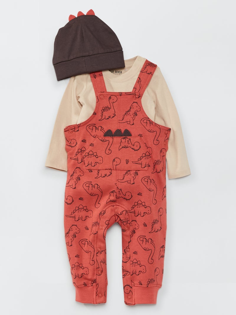 Conjunto jardineiras + body + gorro 'dinossauro' CINZA - Kiabi