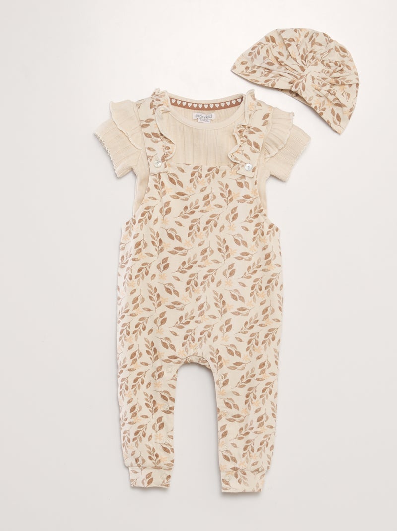 Conjunto jardineiras + body + turbante  - 2 peças BEGE - Kiabi