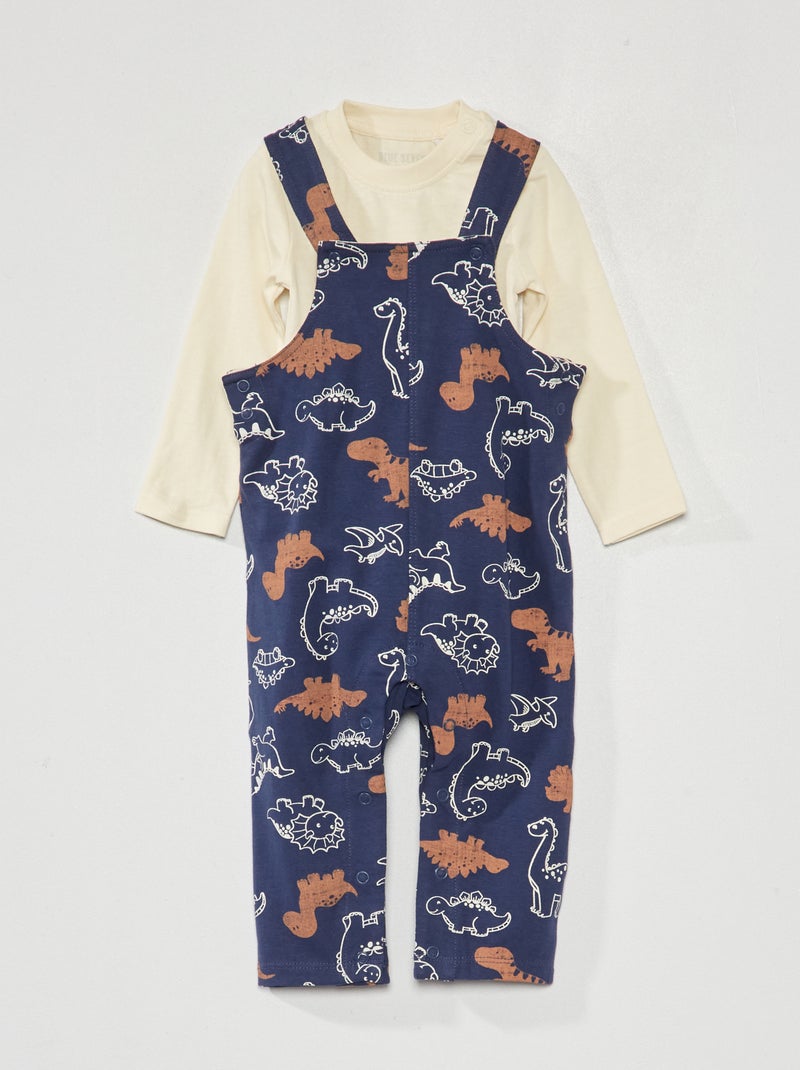 Conjunto Jardineiras com motivo 'dinossauros' + body Branco/ Azul - Kiabi