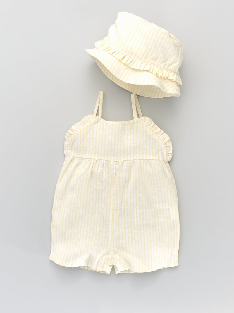 Conjunto macacão + chapéu de linho e viscose AMARELO - Kiabi