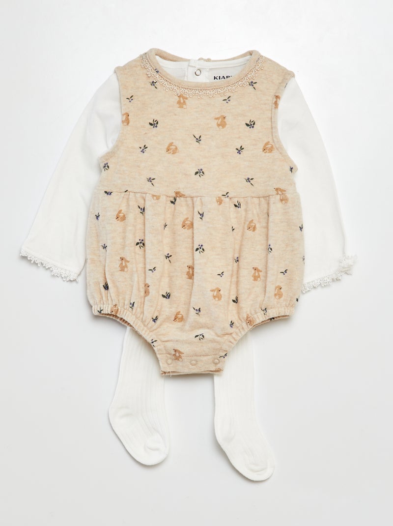 Conjunto macacão curto + collants + t-shirt - 3 peças BEGE - Kiabi