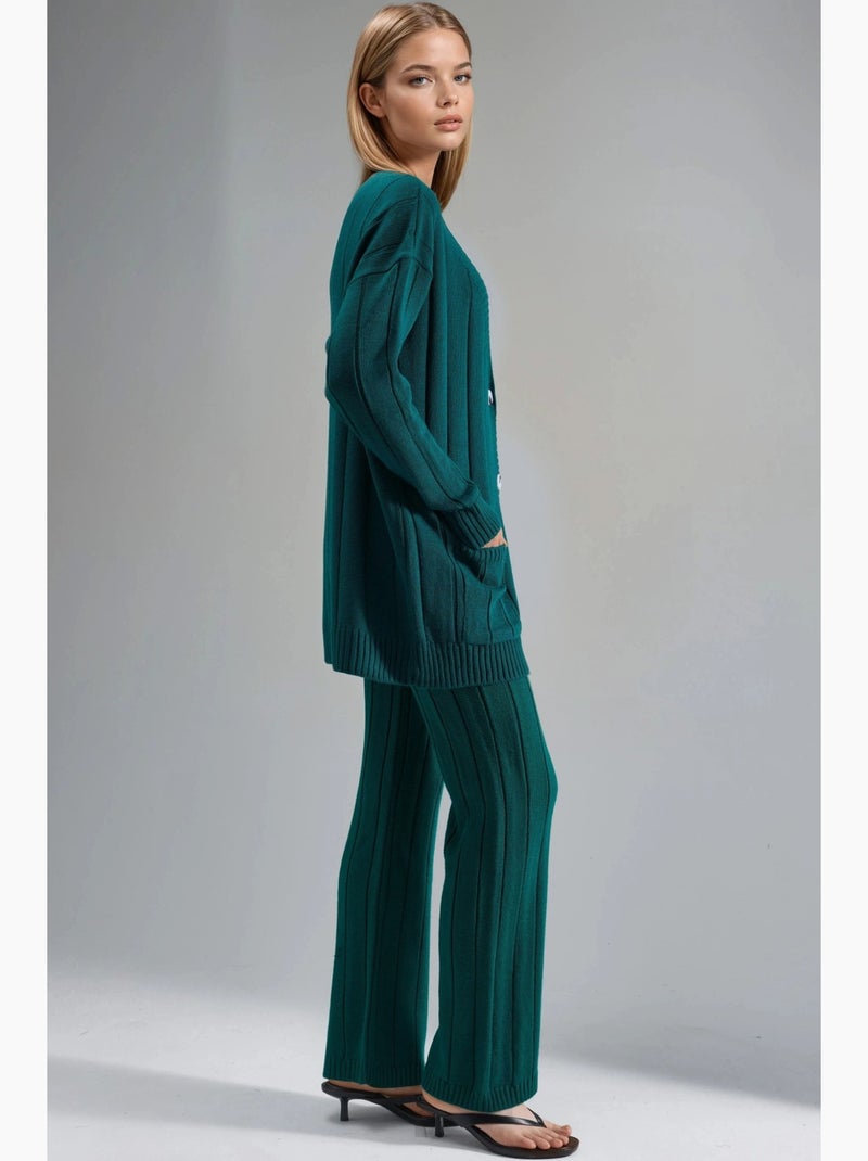 Conjunto malha texturizada casaco decote em v e calças largas my fashion Verde escuro - Kiabi
