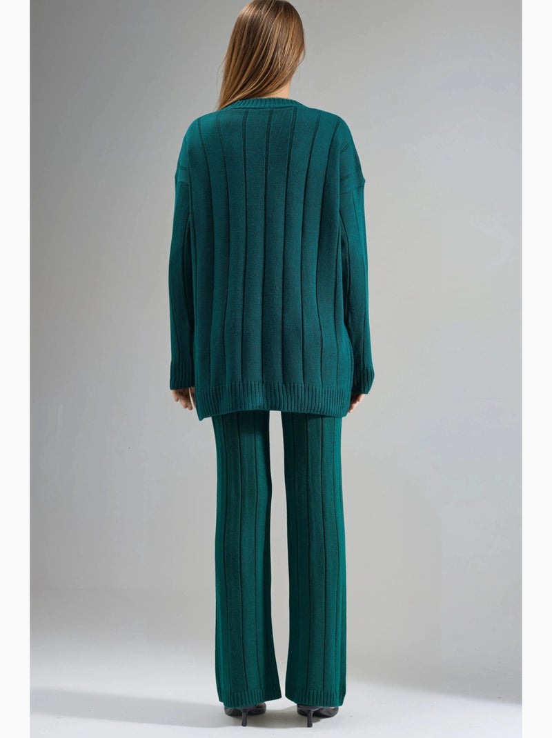 Conjunto malha texturizada casaco decote em v e calças largas my fashion Verde escuro - Kiabi