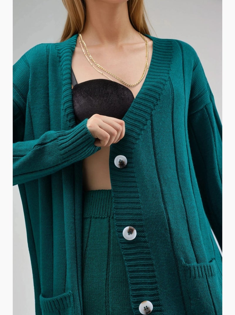 Conjunto malha texturizada casaco decote em v e calças largas my fashion Verde escuro - Kiabi