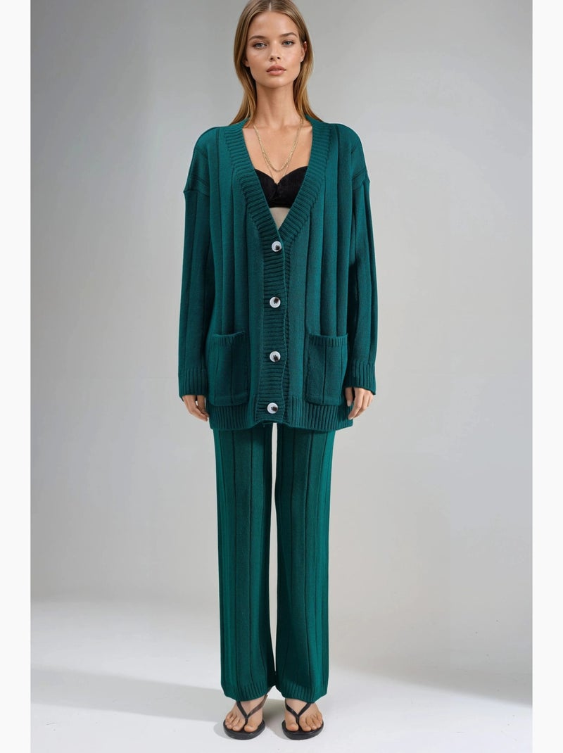 Conjunto malha texturizada casaco decote em v e calças largas my fashion Verde escuro - Kiabi