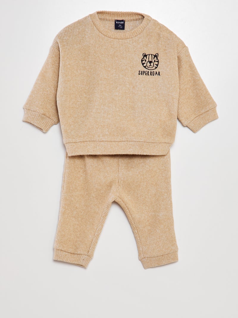 Conjunto nervurado sweatshirt + calças de fato de treino 2 peças BEGE - Kiabi