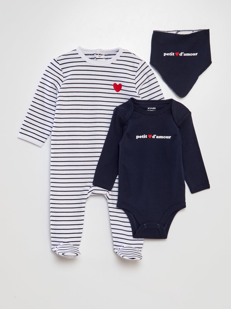 Conjunto pijama + babygro + babete 'petit coeur d'amour' BRANCO - Kiabi