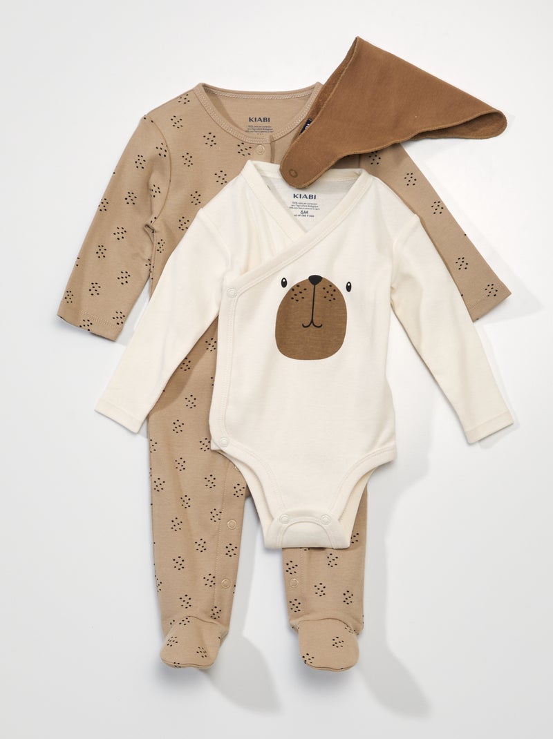 Conjunto pijama + body + babete 'cão' BEGE - Kiabi