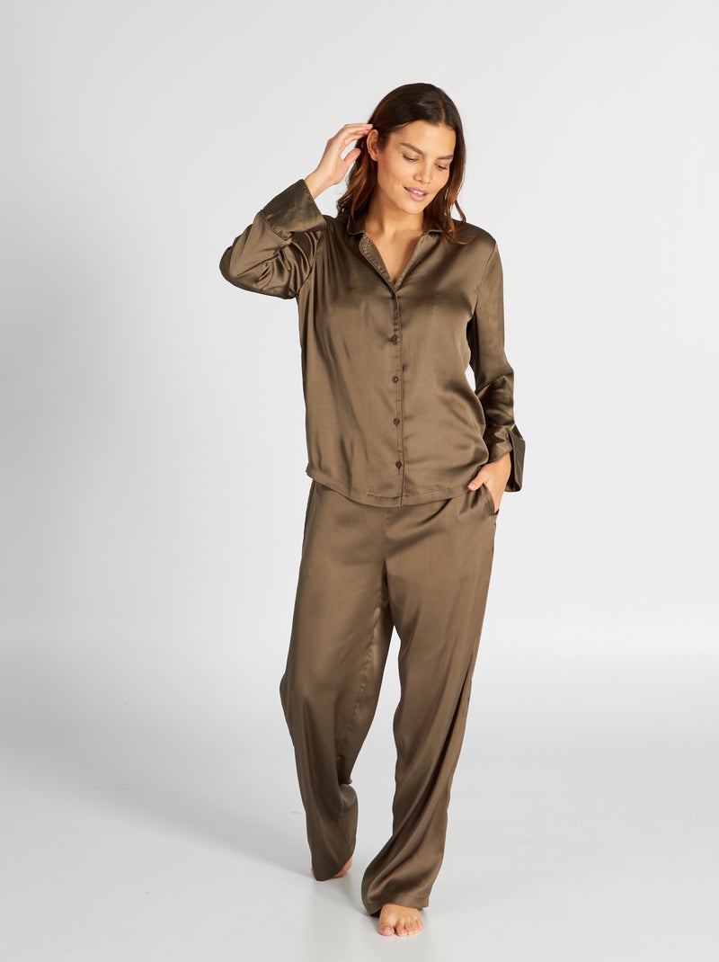 Conjunto pijama comprido acetino - 2 peças CAQUI - Kiabi