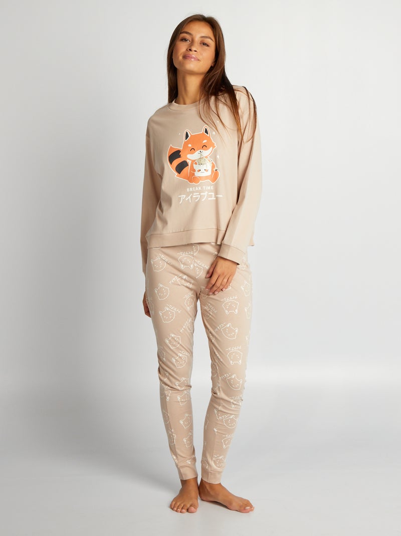 Conjunto pijama comprido em jersey - 2 peças CASTANHO - Kiabi