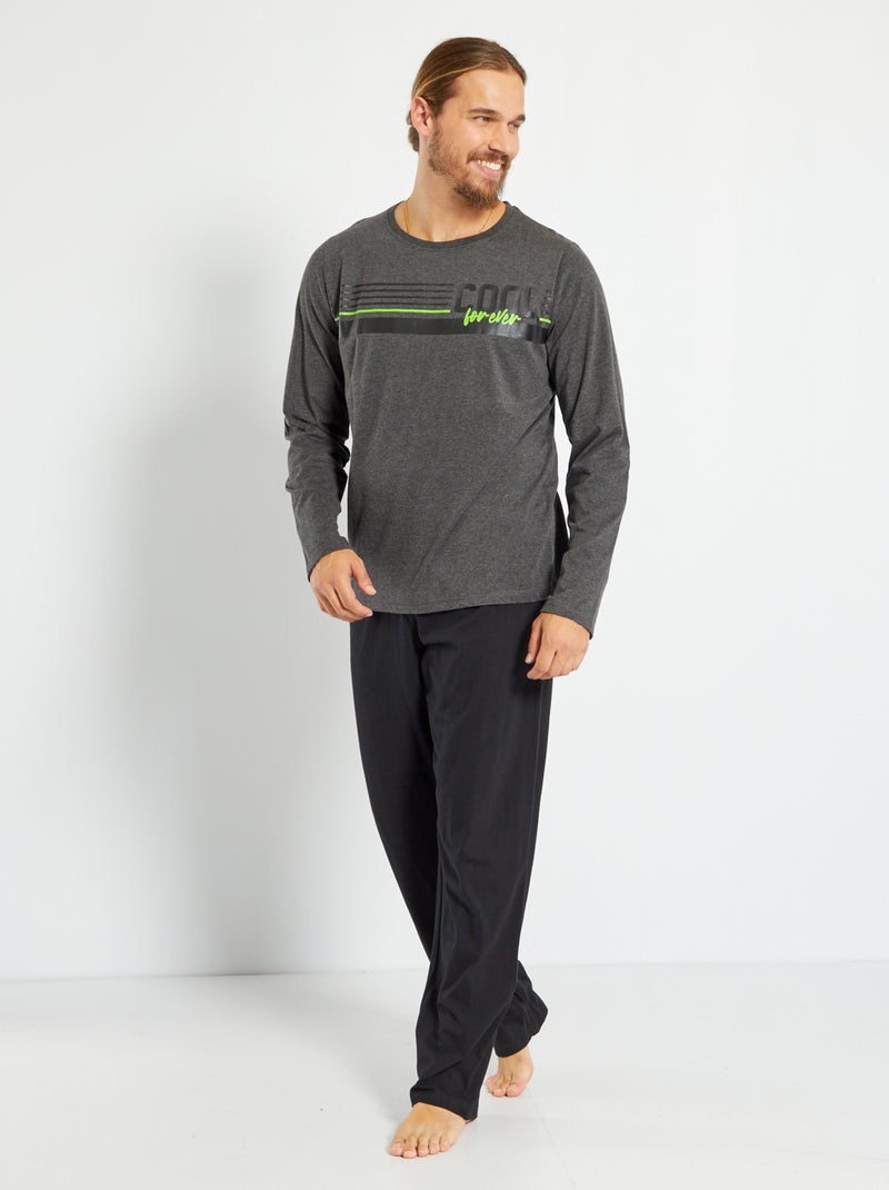 Conjunto pijama comprido + t-shirt + calças - 2 peças Preto/ Cinza - Kiabi