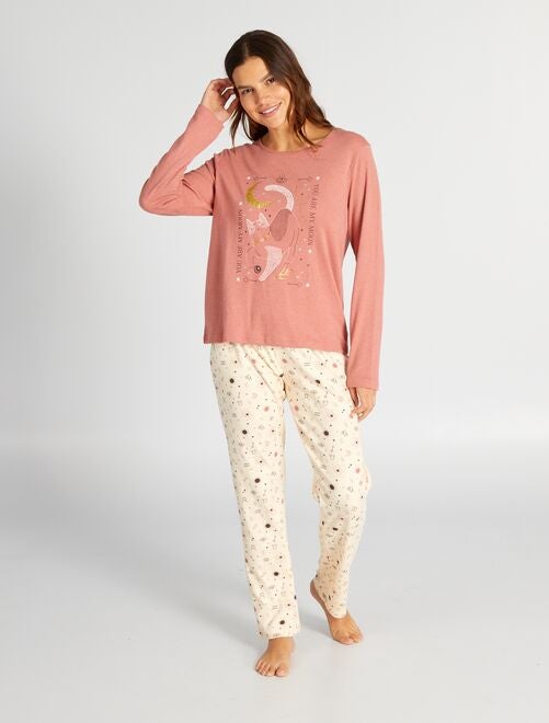 Conjunto pijama comprido t-shirt + calças em jersey - 2 peças - Kiabi