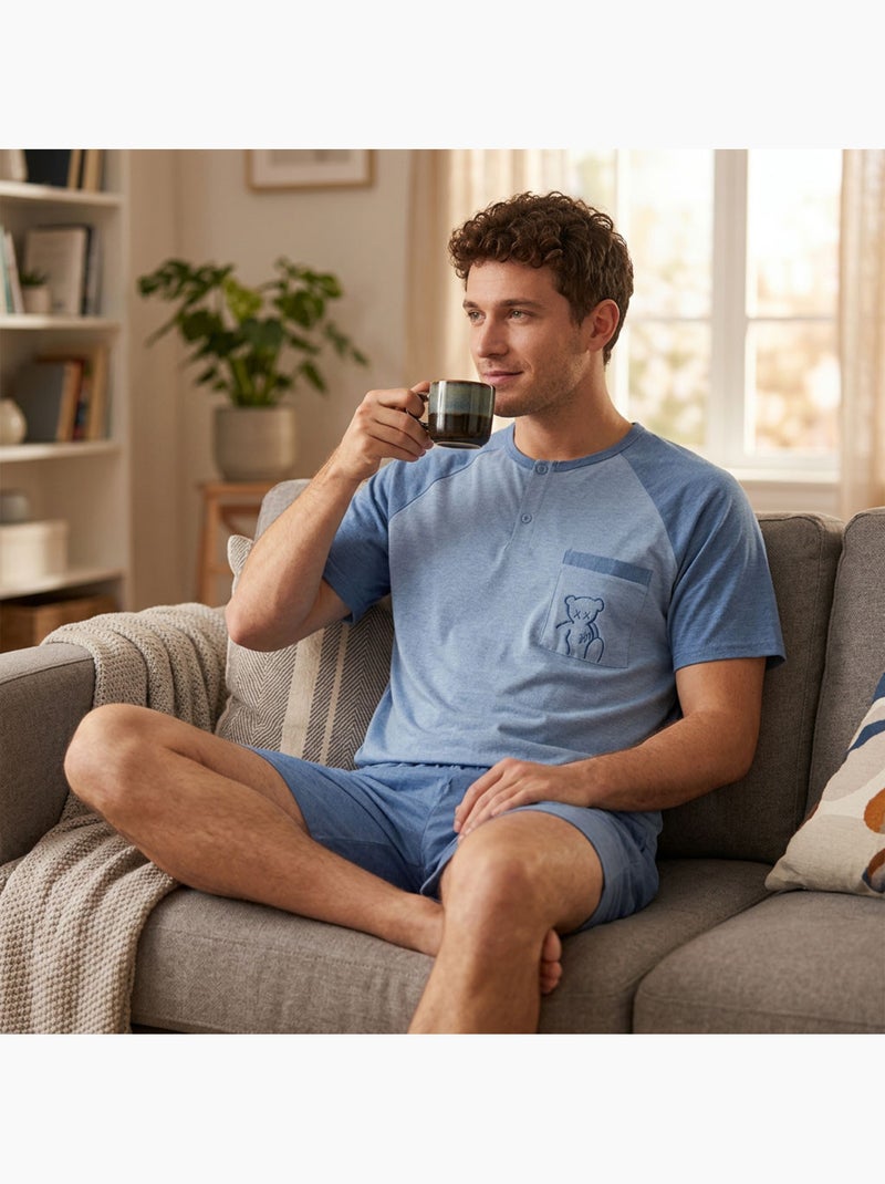 Conjunto Pijama Curto Homem Algodão OZABI Azul - Kiabi