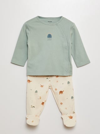 Conjunto pijama e t-shirt + calças com pés - 2 peças