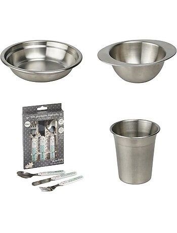 Conjunto refeição thermobaby em inox 18/10 com copo, taça, prato e talheres