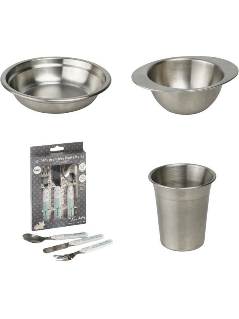 Conjunto refeição thermobaby em inox 18/10 com copo, taça, prato e talheres Cinza - Kiabi