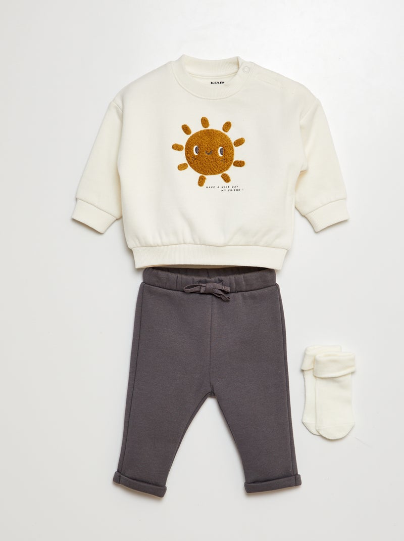 Conjunto sweatshirt + calças de fato de treino + meias  - 3 peças BRANCO - Kiabi
