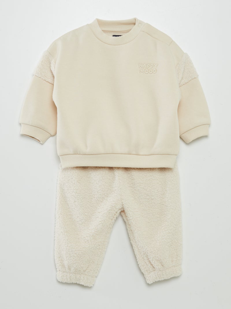 Conjunto sweatshirt + calças efeito pelo de ovelha - 2 peças BRANCO - Kiabi