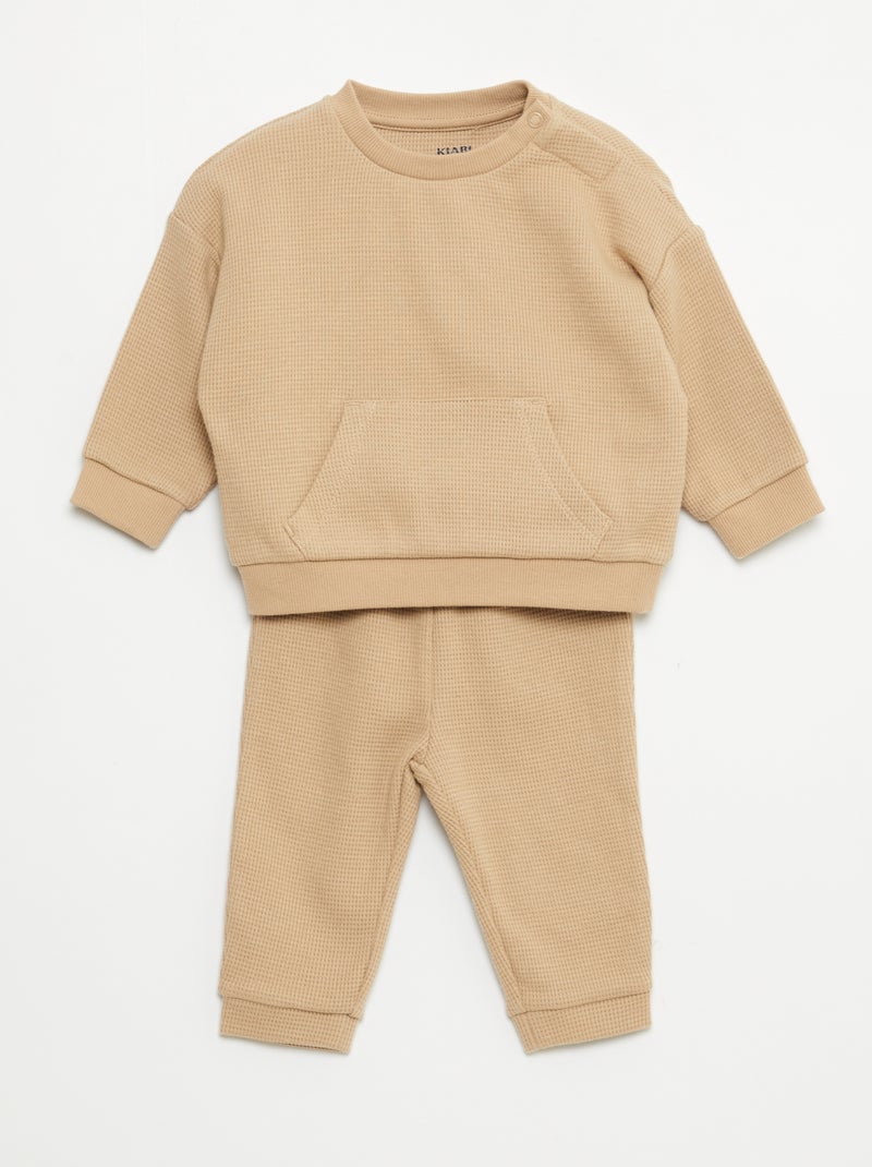Conjunto sweatshirt + calças em ninho de abelha - 2 peças Bege - Kiabi