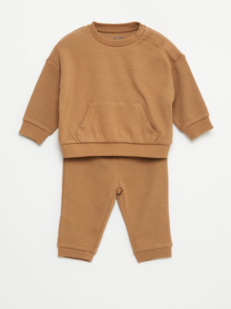 Conjunto sweatshirt + calças em ninho de abelha - 2 peças Bege - Kiabi