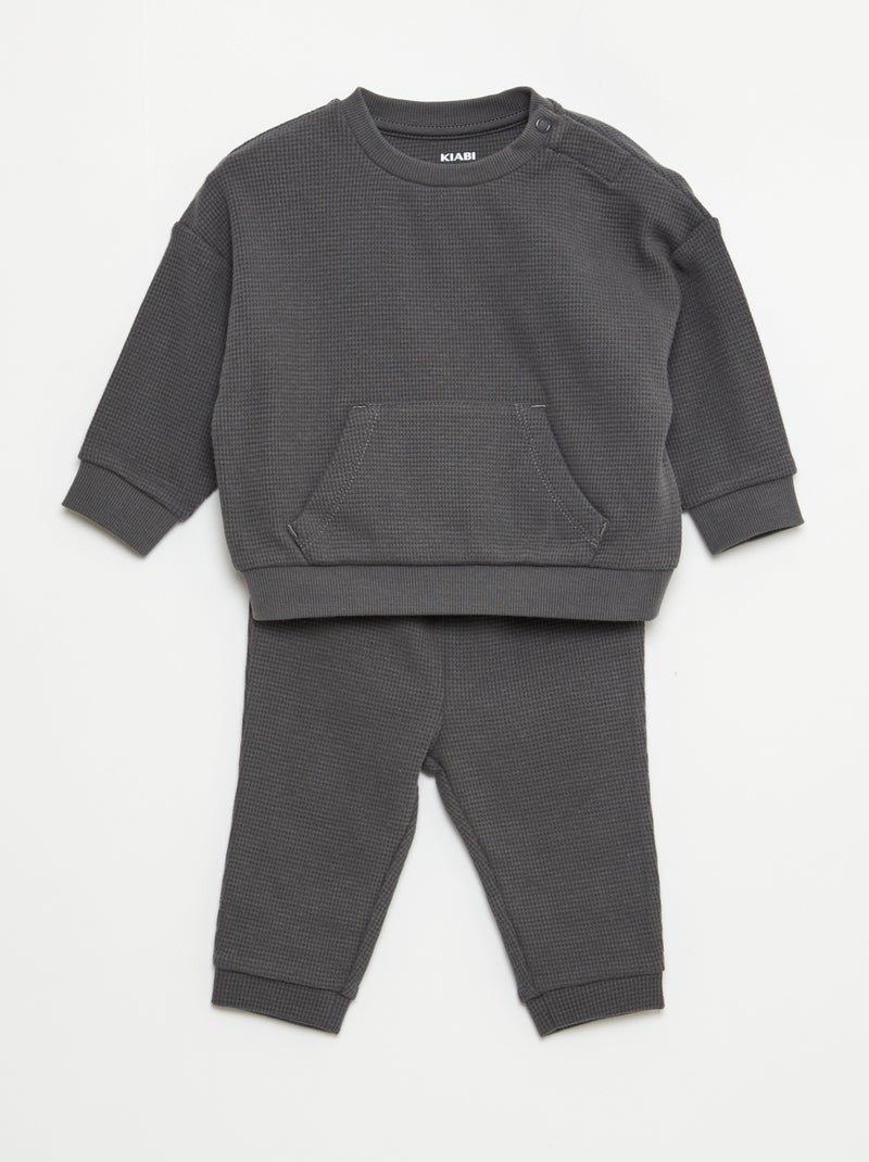 Conjunto sweatshirt + calças em ninho de abelha - 2 peças Cinza - Kiabi