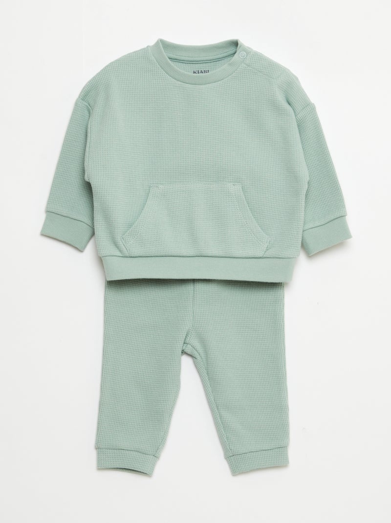 Conjunto sweatshirt + calças em ninho de abelha - 2 peças Verde - Kiabi