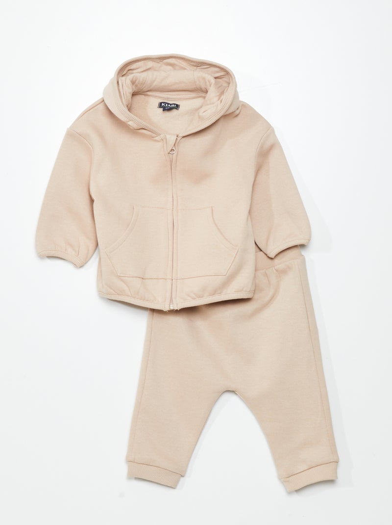 Conjunto sweatshirt com fecho + calças de fato de treino - 2 peças BEGE - Kiabi