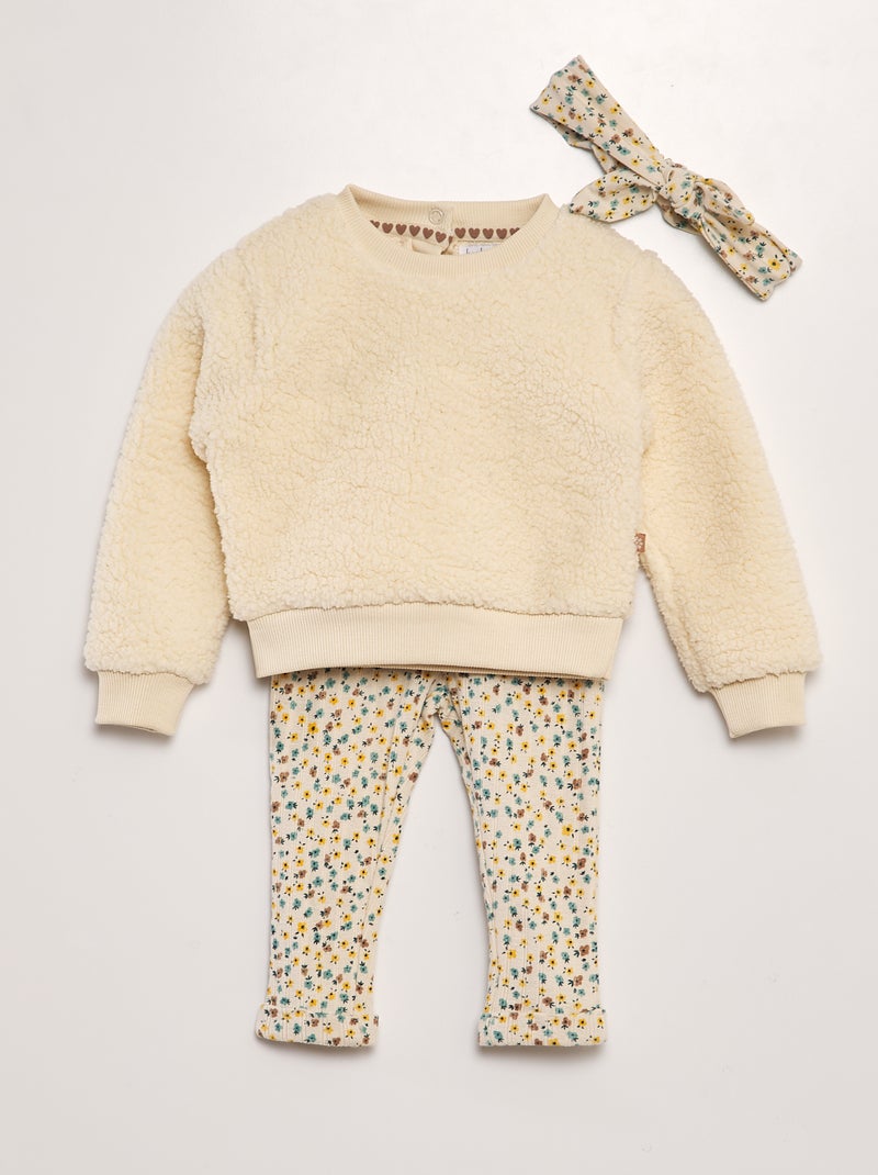 Conjunto sweatshirt efeito lã de carneiro + leggings às flores + bandolete - 3 peças BEGE - Kiabi