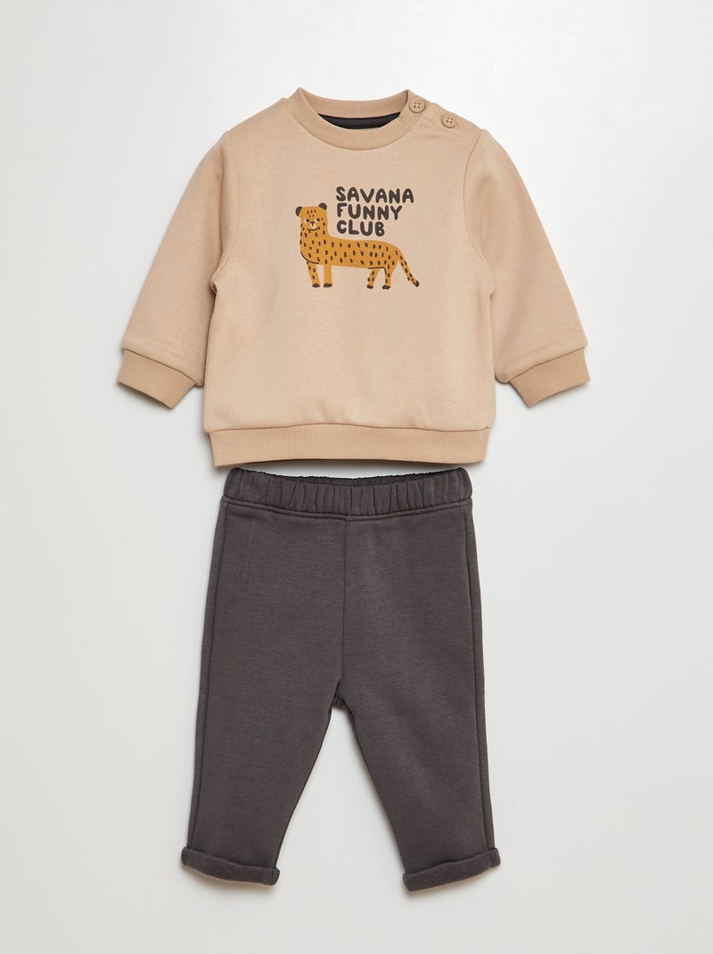 Conjunto sweatshirt estampada + calças de fato de treino CASTANHO - Kiabi