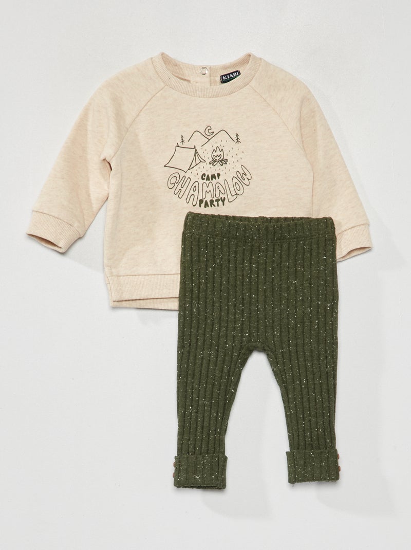 Conjunto sweatshirt estampada + leggings nervuradas BEGE - Kiabi