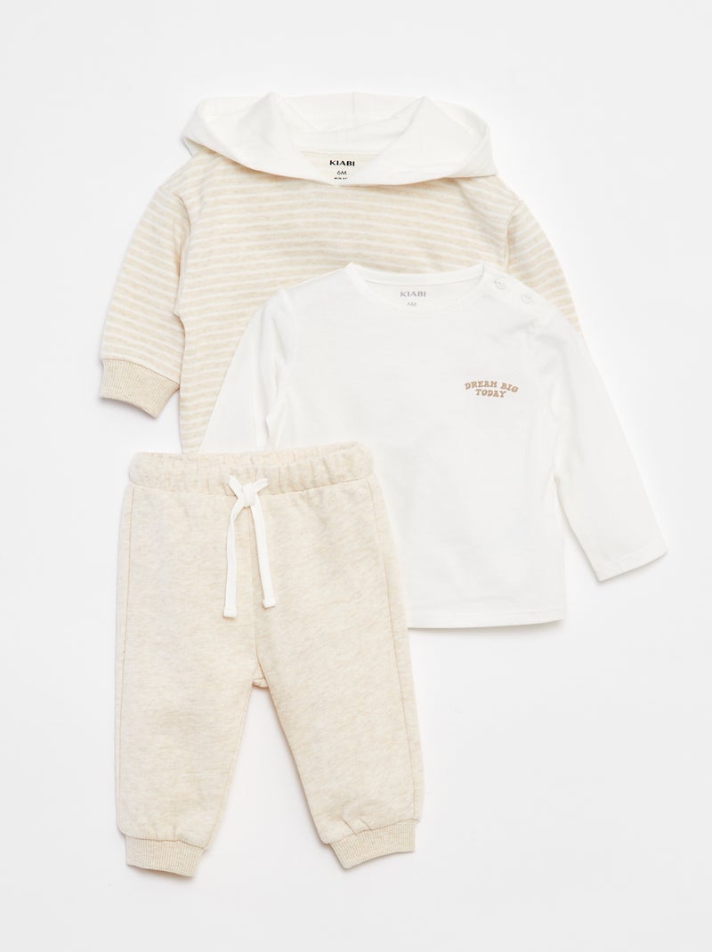 Conjunto sweatshirt + t-shirt + calças de fato de treino - 3 peças Bege - Kiabi