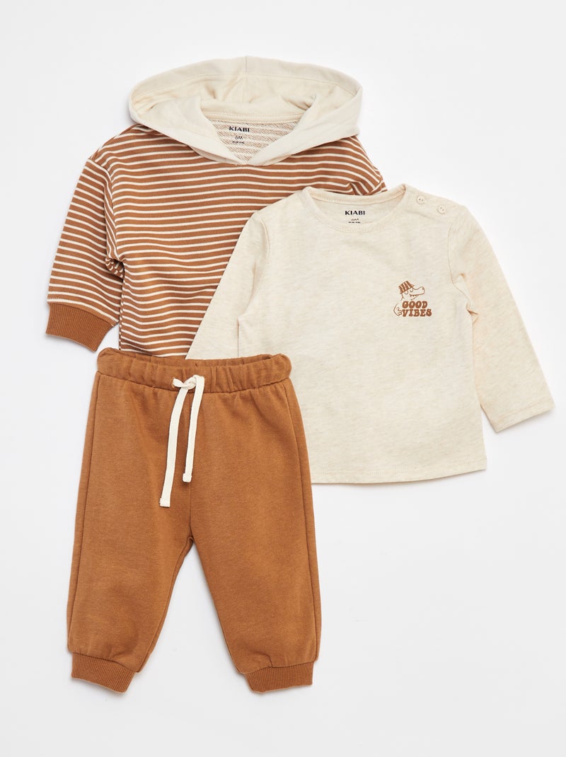 Conjunto sweatshirt + t-shirt + calças de fato de treino - 3 peças Castanho - Kiabi