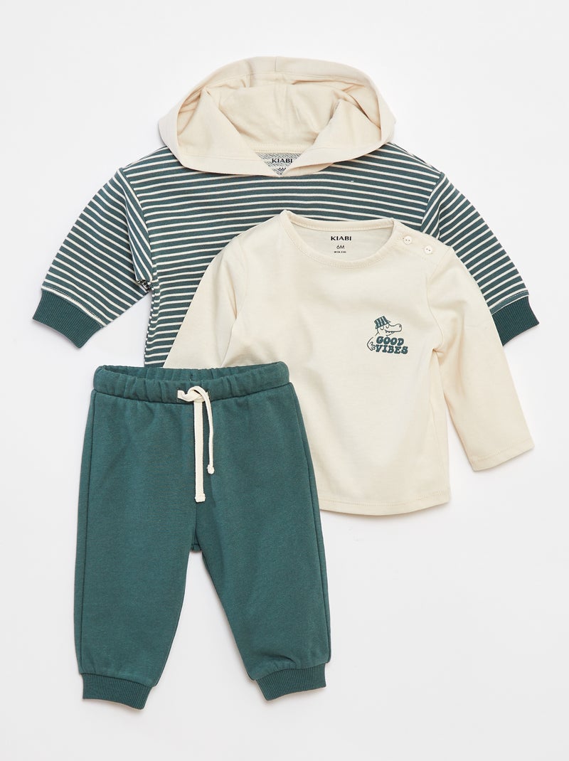 Conjunto sweatshirt + t-shirt + calças de fato de treino - 3 peças Verde - Kiabi