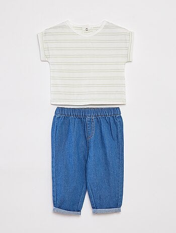 Conjunto t-shirt às riscas + calças de ganga - 2 peças