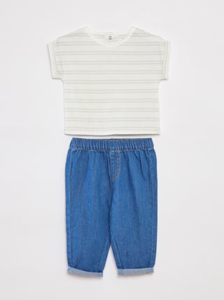 Conjunto t-shirt às riscas + calças de ganga - 2 peças