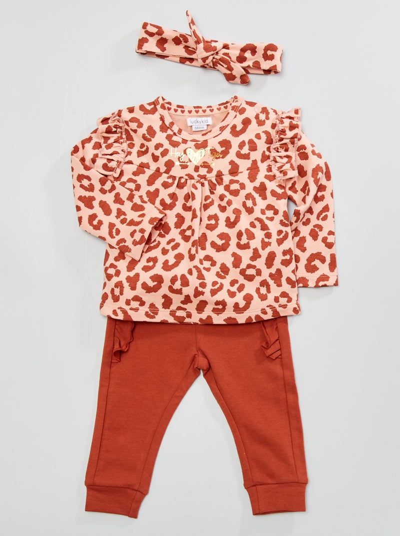 Conjunto t-shirt + calças de fato de treino + bandolete 'leopardo' ROSA - Kiabi