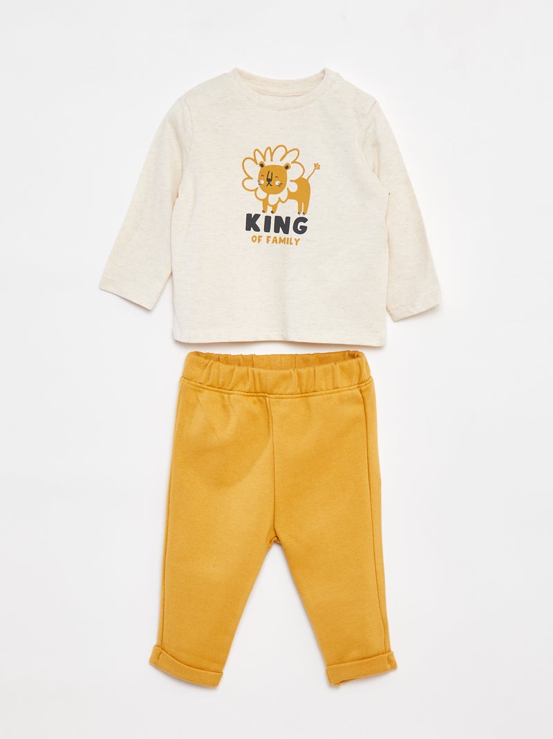Conjunto t-shirt de manga comprida + calças - 2 peças Bege - Kiabi