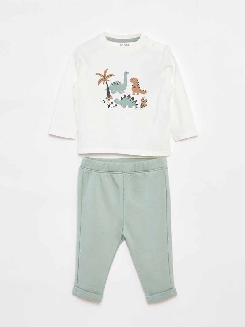 Conjunto t-shirt de manga comprida + calças - 2 peças Branco - Kiabi