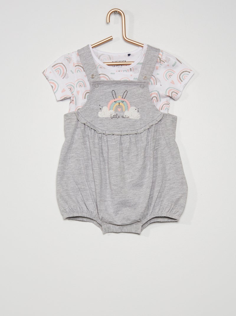 Conjunto t-shirt + jardineiras Branco/ Cinza - Kiabi