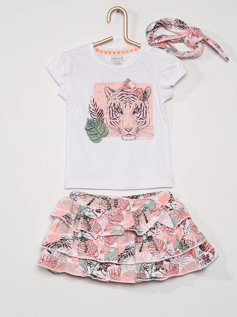 Conjunto t-shirt + saia + bandolete com estampado tropical Rosa/ Branco - Kiabi