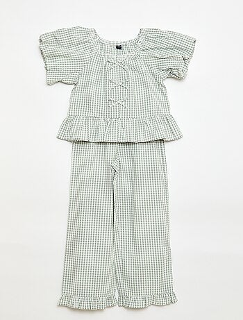 Conjunto top + calças com detalhes em algodão