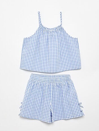 Conjunto top de alças + calções com padrão Vichy - 2 peças